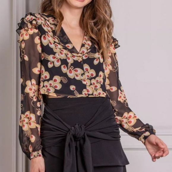 Senlis Sheer Ruffle-Detail Crop V-Neck Top- Women - Picture 7 of 8